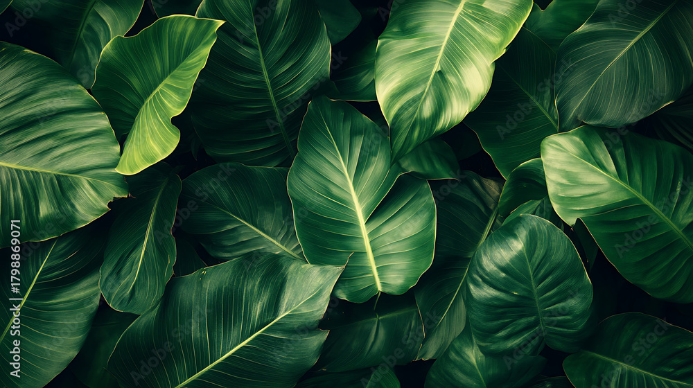 Fototapeta premium Lush Green Tropical Leaf Texture Forming A Fresh Vibrant Botanical Macro Scene