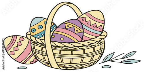 Decorated easter eggs in woven basket with leaves vector