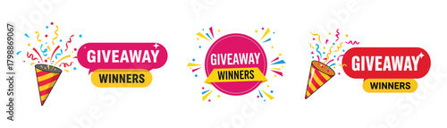 Three vibrant giveaway winners vector graphics isolated on featuring confetti, party poppers, and festive designs for promotional materials