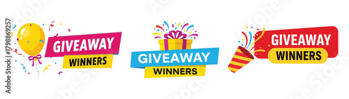 Three vibrant giveaway winners vector banners isolated on, featuring balloons, gifts, and party poppers for online contests