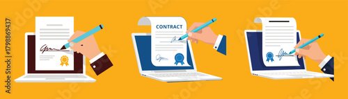 Online contract signing concept hand holding a pen to sign a contract on a laptop screen digital signature, esignature, electronic signature vector illustration