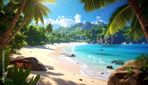 Fototapeta Naklejka Na Ścianę i Meble -  Sunny beach scene with palm trees framing a turquoise ocean. A sandy shore is visible with green hills and bright blue skies