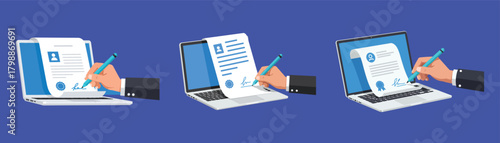 A set of digital signature illustrations on laptops against a blue background, highlighting the ease and security of electronic document signing