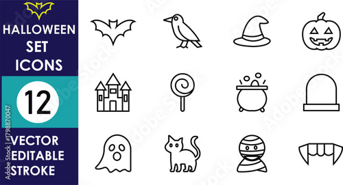 A clean set of twelve Halloween line icons featuring spooky elements like bats, ghosts, pumpkins, castles, potions, hats, candies, cats, graves, and vampire fangs