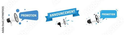 Set of megaphone with promotion and announcement label isolated on loudspeaker vector icon megaphone with speech bubble vector illustration