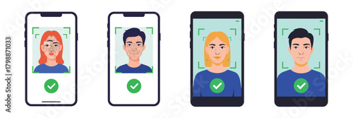 Face recognition technology on smartphones with successful scan and green checkmark isolated on biometric identification and security concept for mobile devices