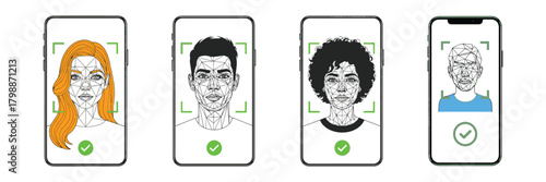 Diverse faces unlock phones with face recognition, isolated on modern technology for secure access and identity verification biometric authentication