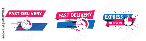 Fast and express delivery vector illustration set isolated on collection of colorful logos with clock and text for shipping service and online order