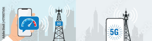 5g network technology vector illustration set isolated on mobile phone with speed test and cellular tower for high speed internet connection