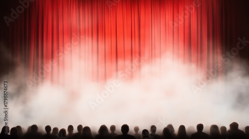 Fototapeta Naklejka Na Ścianę i Meble -  A vibrant red curtain rises in a theater, partially obscured by mist, revealing a captivated audience in silhouette, Ideal for showcasing events, performances, or theatrical promotions,