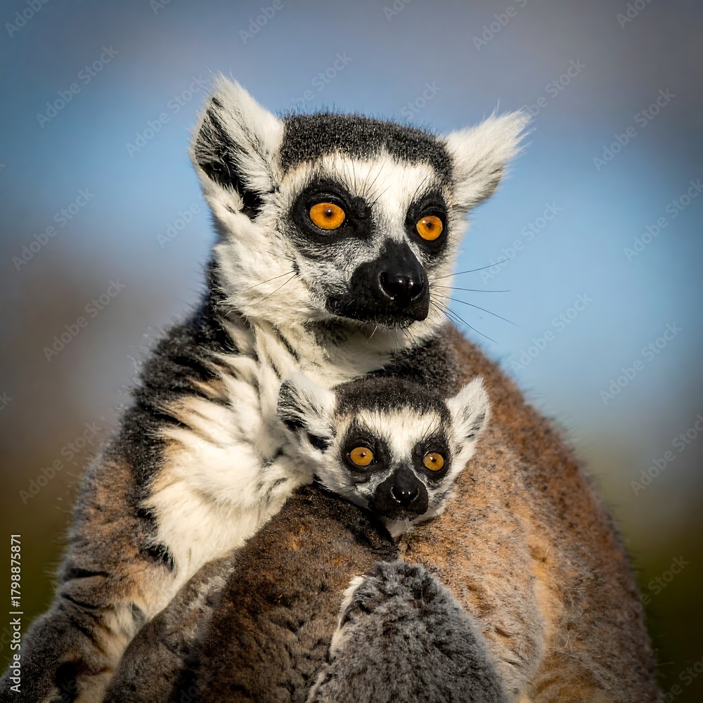 Obraz premium Two primates with ringed tails, one cuddling the other, against a blurred background. Warm sunlight illuminates their fur and large eyes