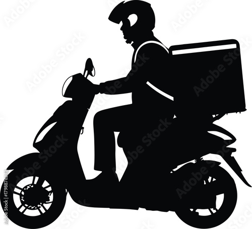 Silhouette of delivery man riding scooter with package, symbolizing fast and efficient service for food or goods