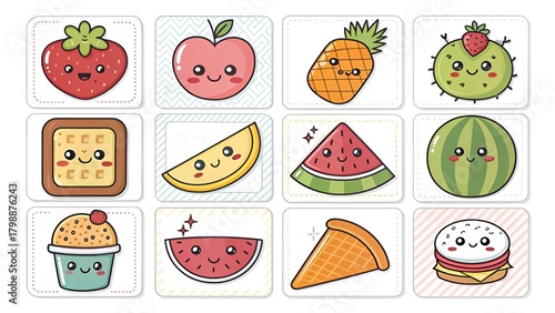 Cute Kawaii Fruit and Food Icons – Adorable Cartoon Sticker Set