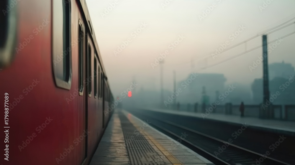 Fototapeta premium A foggy railway station scene features a partially visible red train, evoking a sense of mystery and solitude, Perfect for travel blogs, transportation articles, or atmospheric backgrounds,