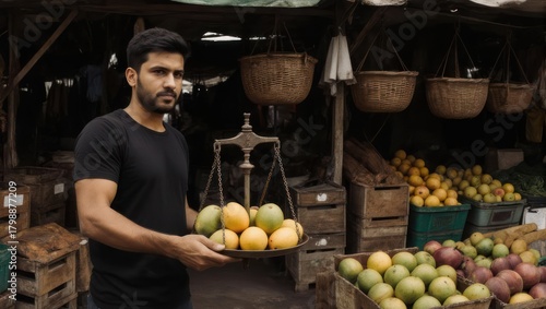 Fototapeta Naklejka Na Ścianę i Meble -  Young man holding a tray of fresh fruits at a market stall.