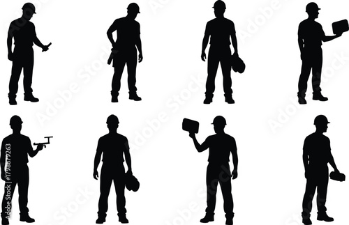 Construction worker silhouettes, tool usage poses, hard hat safety, building site illustration, labor icons, industrial job concept, construction equipment graphic