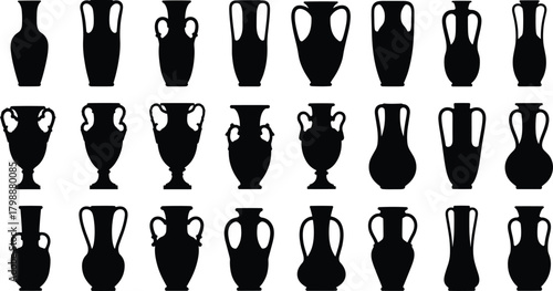 Ancient vase silhouettes, amphora shapes, classical pottery vector, black ceramic icons, antique vessel collection, historical design, archaeology art, decor