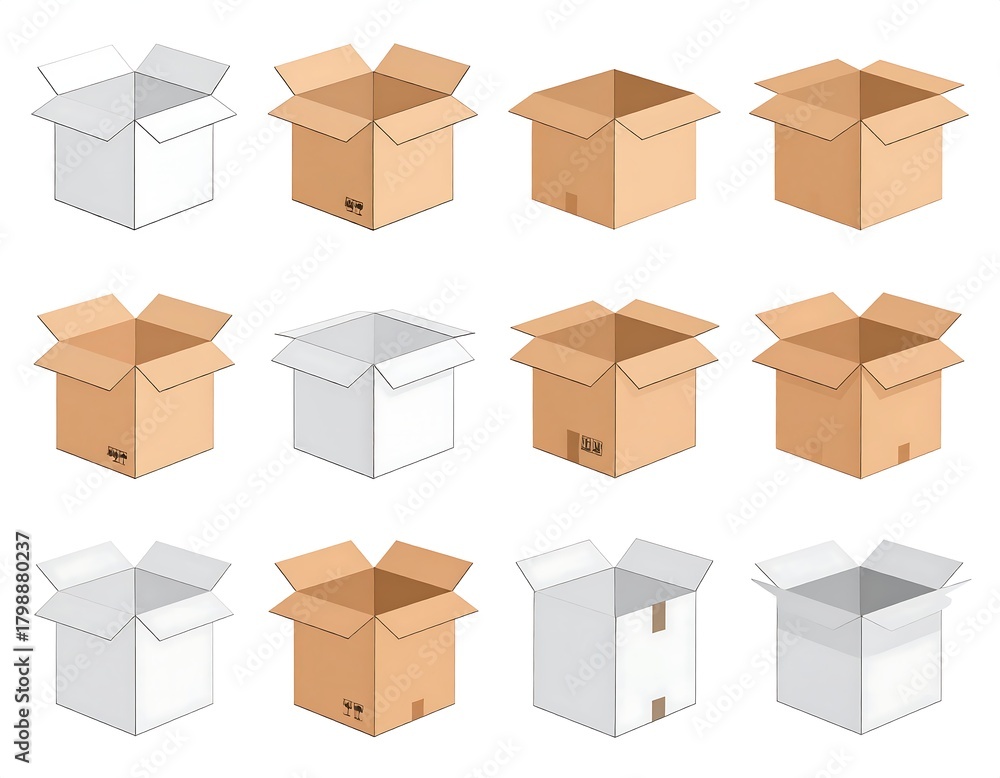 Fototapeta premium Twelve open cardboard containers of various shapes and colors