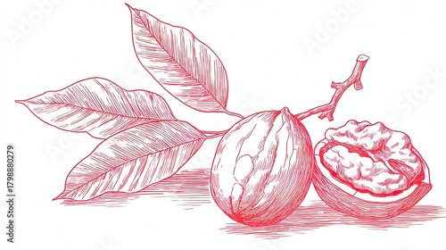Hand-drawn walnut in bold red outline with simplified composition