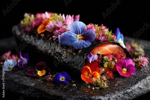 Modern fusion sushi burrito beautifully adorned with colorful edible flowers on a matte black slate background, showcasing vibrant colors and artistic plating, perfect for food enthusiasts