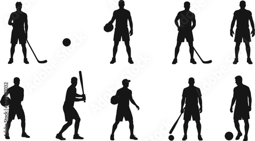 Sports silhouettes vector, athletes in action, hockey, basketball, baseball, football poses, black figures, fitness icons, competitive motion art
