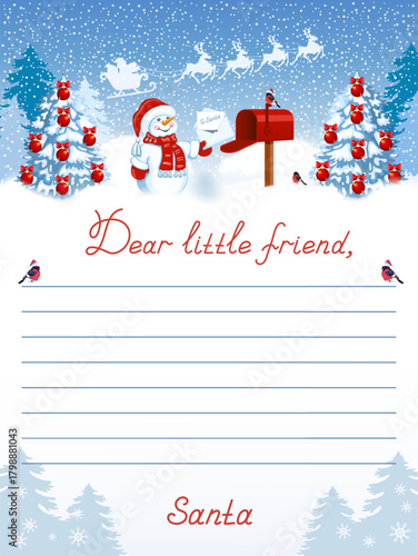 Layout letter from Santa Claus with inscription "Dear little friend" and cartoon funny Snowman and mailbox against winter forest background.