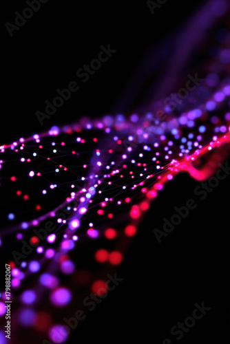 Digital background with neon particles and light waves