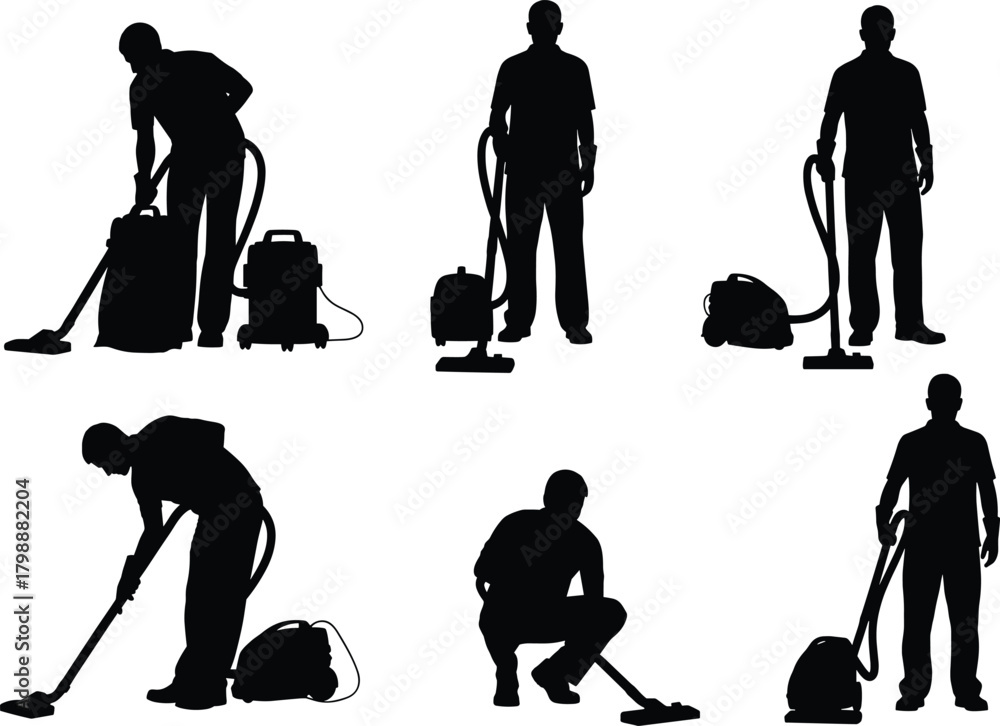 Obraz premium Vacuum cleaner silhouettes, cleaning posture variations, ergonomic vacuuming, household chore illustration, cleaning equipment usage, vacuuming positions, cleaning action poses, sanitation concept