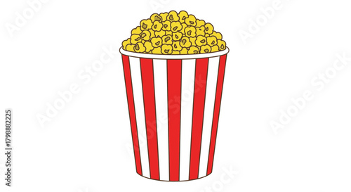 Crispy golden popcorn overflowing from a classic red and white striped bucket, perfect for movie nights or festive celebrations.