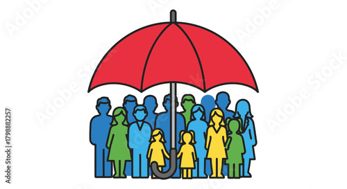 Diverse community united under a vibrant red umbrella offering protection and security symbolizing collective well-being and safety for all