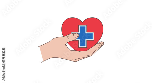 Caring hands offer heart with blue medical cross symbolizing compassion, health, and support for well-being
