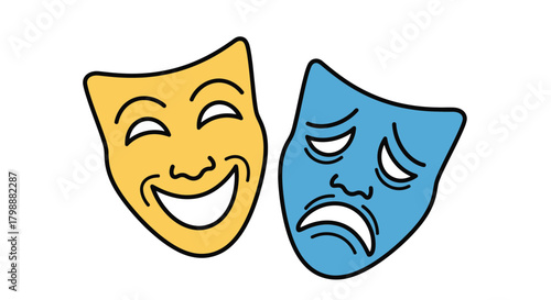 Iconic comedy and tragedy masks symbolize the spectrum of human emotions and the art of performance, perfect for theater and storytelling concepts.
