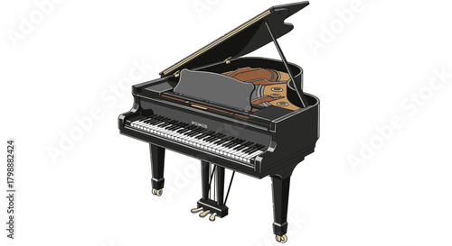 Elegant black grand piano with open lid showcasing intricate internal workings ready for masterful musical performance