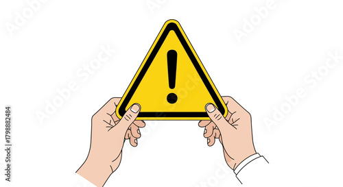Hands presenting a bright yellow hazard warning sign with black border and exclamation mark symbol, alerting to danger