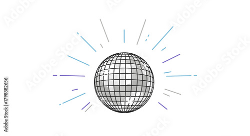 Sparkling disco ball radiates vibrant party energy with colorful light bursts, perfect for celebrations and events.