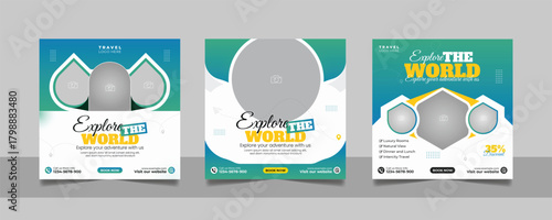 Travel tour promotion banner traveling business marketing social media post square flyer template set