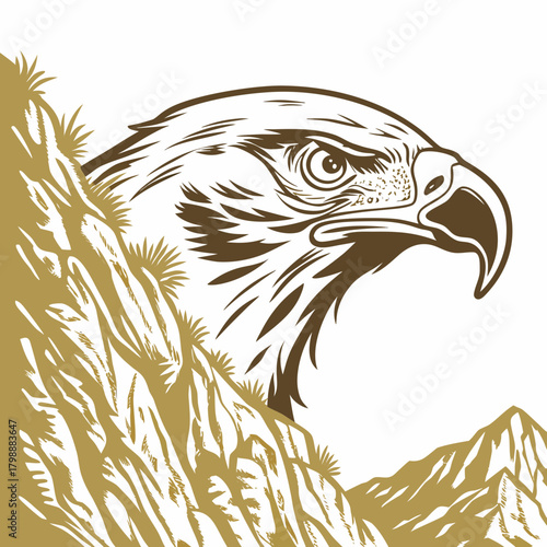Majestic eagle head emerging from rocky mountain terrain with sparse vegetation and white background