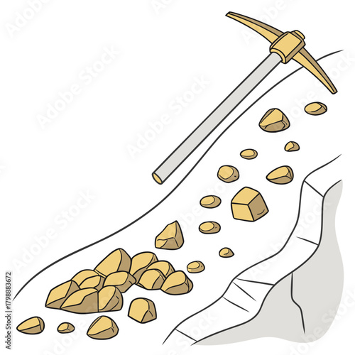 Cartoon illustration of a pickaxe and gold nuggets scattered along a riverbed or mine shaft