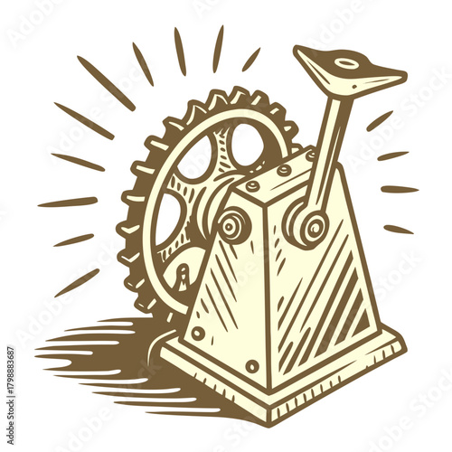 Vintage industrial machine with a large gear and lever evoking a sense of power and innovation