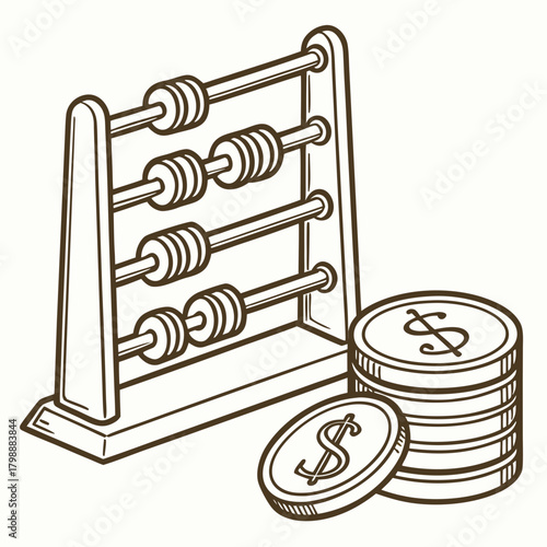 Illustration of an abacus with beads and a stack of coins representing financial calculation and accounting