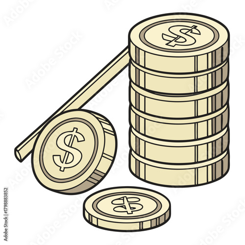 Illustration of a stack of gold coins with dollar signs and a single coin with a dollar sign and another coin with a baht symbol