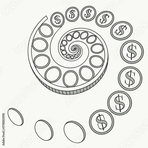 Infinite spiral of dollar coins symbolizing endless wealth growth and financial opportunity