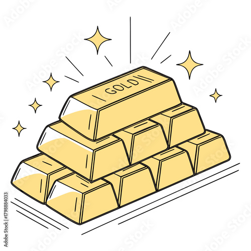 A stack of shining gold bars with the word gold inscribed on the top bar and sparkling stars
