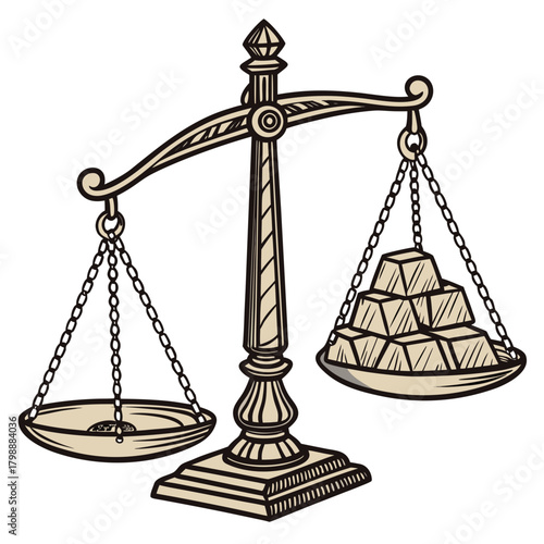 A vintage illustration of a balance scale with gold bars on one side and a coin on the other side