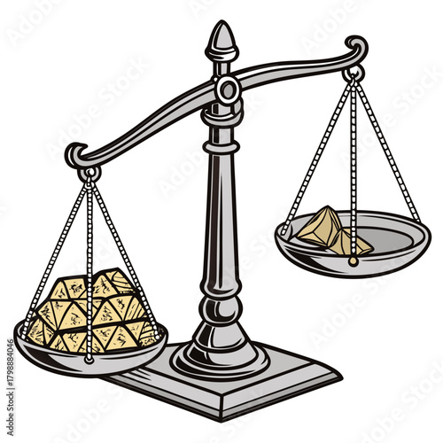 An antique balance scale with one pan filled with many small golden nuggets and the other pan with few nuggets