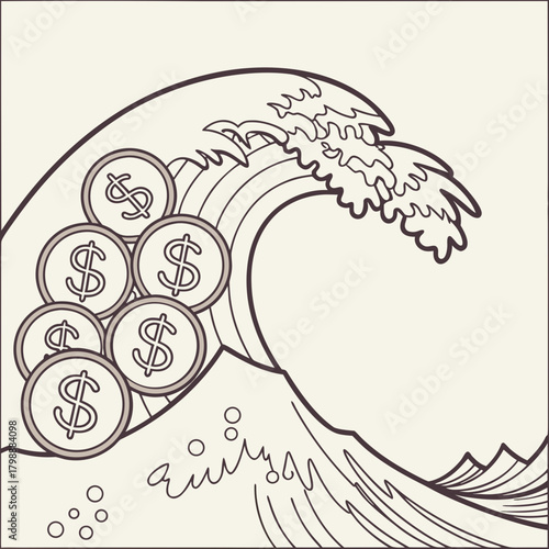 Stylized illustration of a large wave carrying dollar coins symbolizing financial prosperity and abundance in the ocean