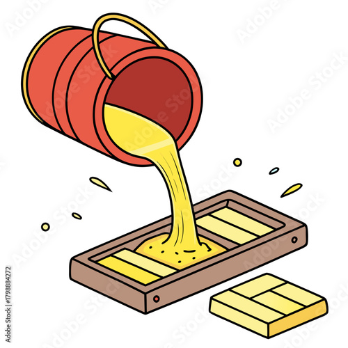 Red bucket pouring yellow liquid into a mold to create gold bars and gold pieces