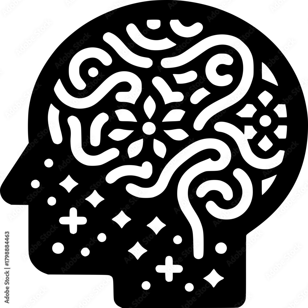 Fototapeta premium Mental Health Zen Brain Icon - Geometric Monochrome Vector for Mindfulness Peace Meditation Mental Wellness Calm Mind Stress Relief Tranquility 
