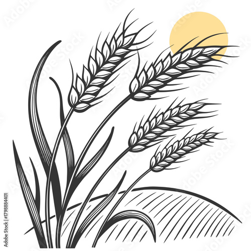 Stylized illustration of ripe wheat stalks swaying gently in the breeze under a warm sun