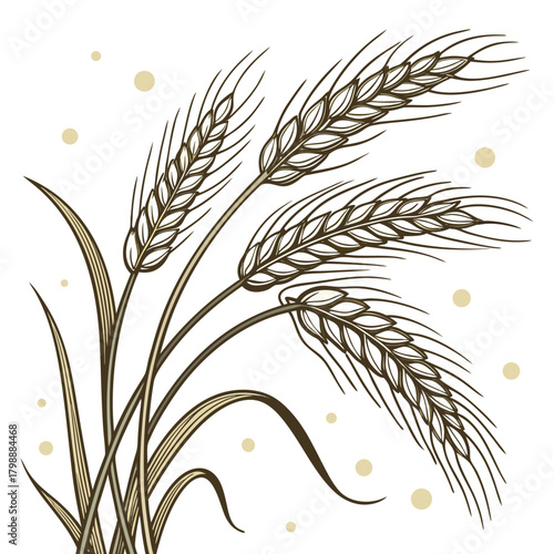 Stylized illustration of ripe wheat stalks with leaves and scattered golden dots on a white background